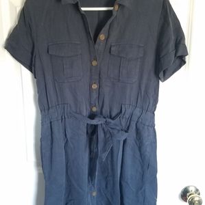 Button down blue grey dress with tie belt